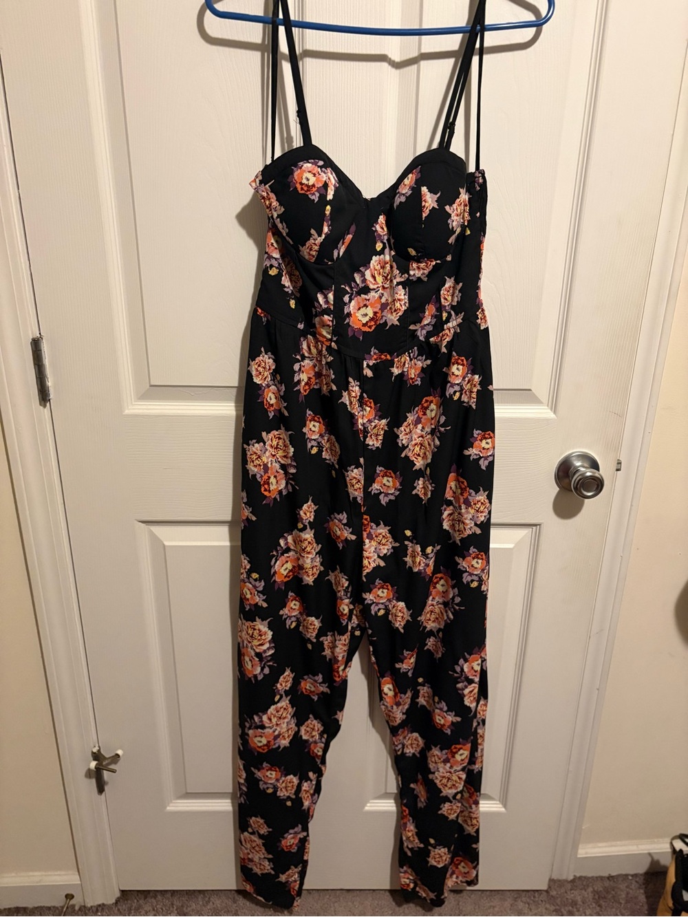 Band of Gypsies Black Floral Strapless Jumpsuit with Peach Blooms with pockets